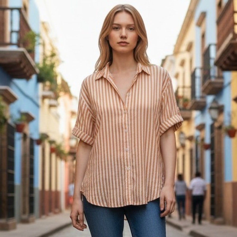 Xirena XS Beau Shirt Tan/Orange Wht Stripe Cotton Button Down Short Sleeve USA